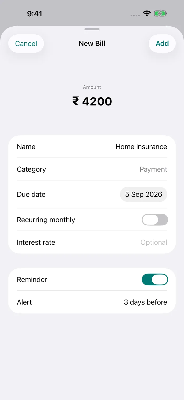 Adding a bill in Pay Alert with amount, due date and reminder options
