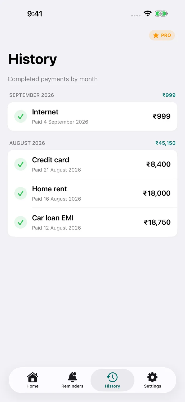 Pay Alert payment history grouped by month