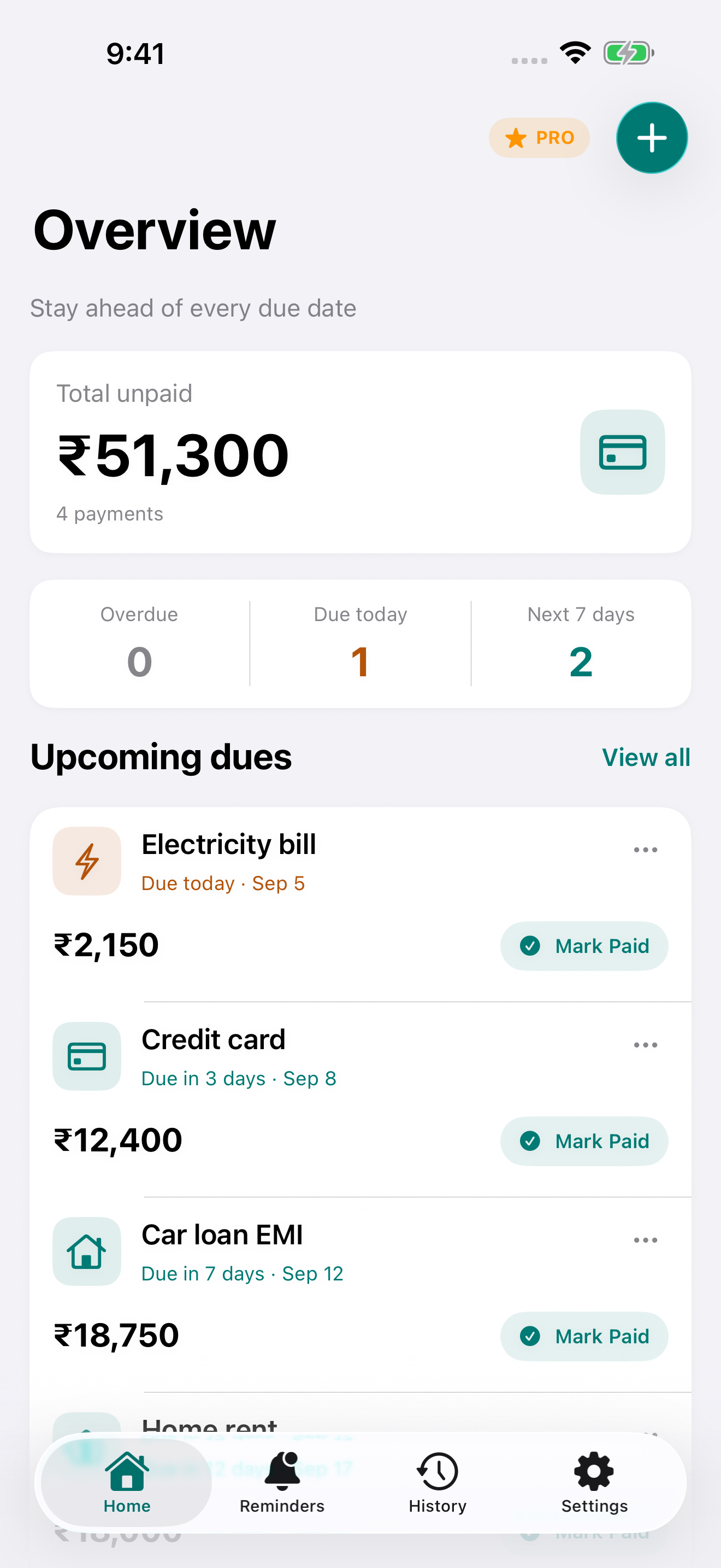 Pay Alert Home showing upcoming bills, overdue payments and a monthly overview