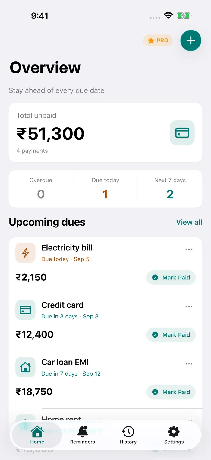 Pay Alert Home showing upcoming EMIs, overdue payments and a monthly overview