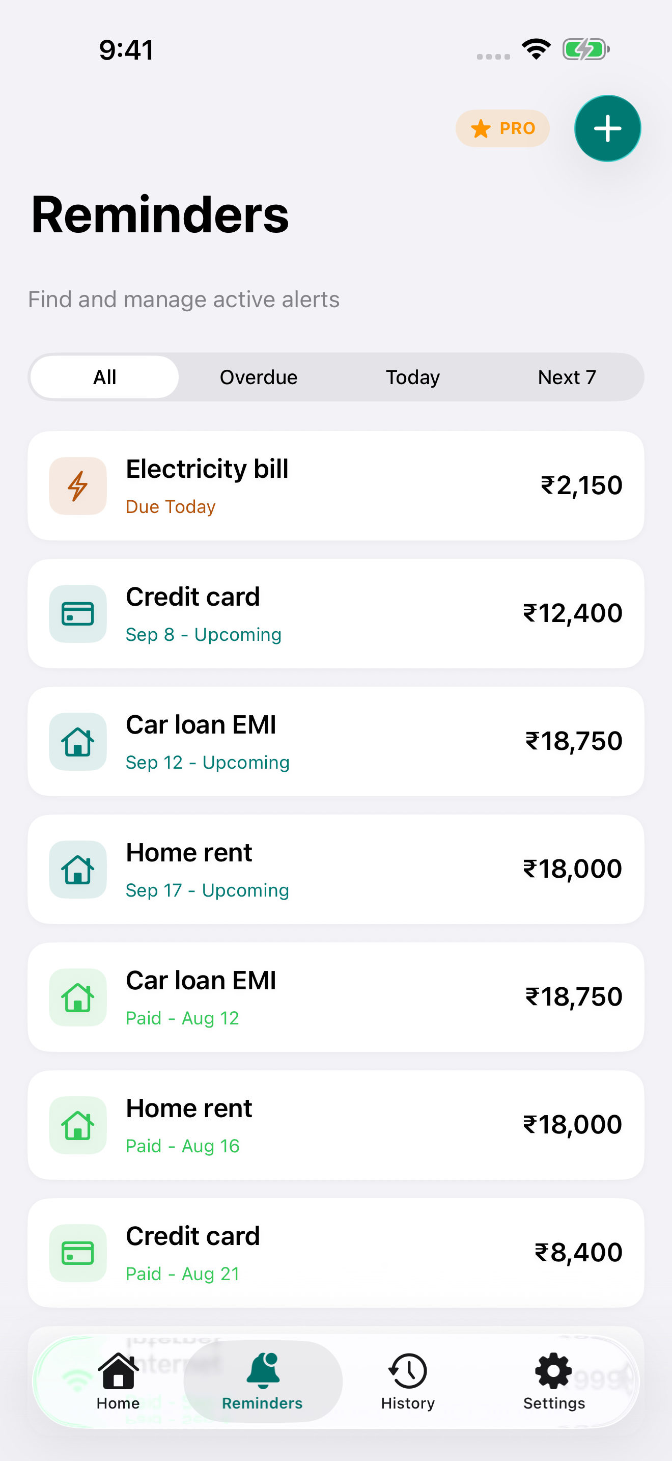 Active payment reminders with filters for today and upcoming dues