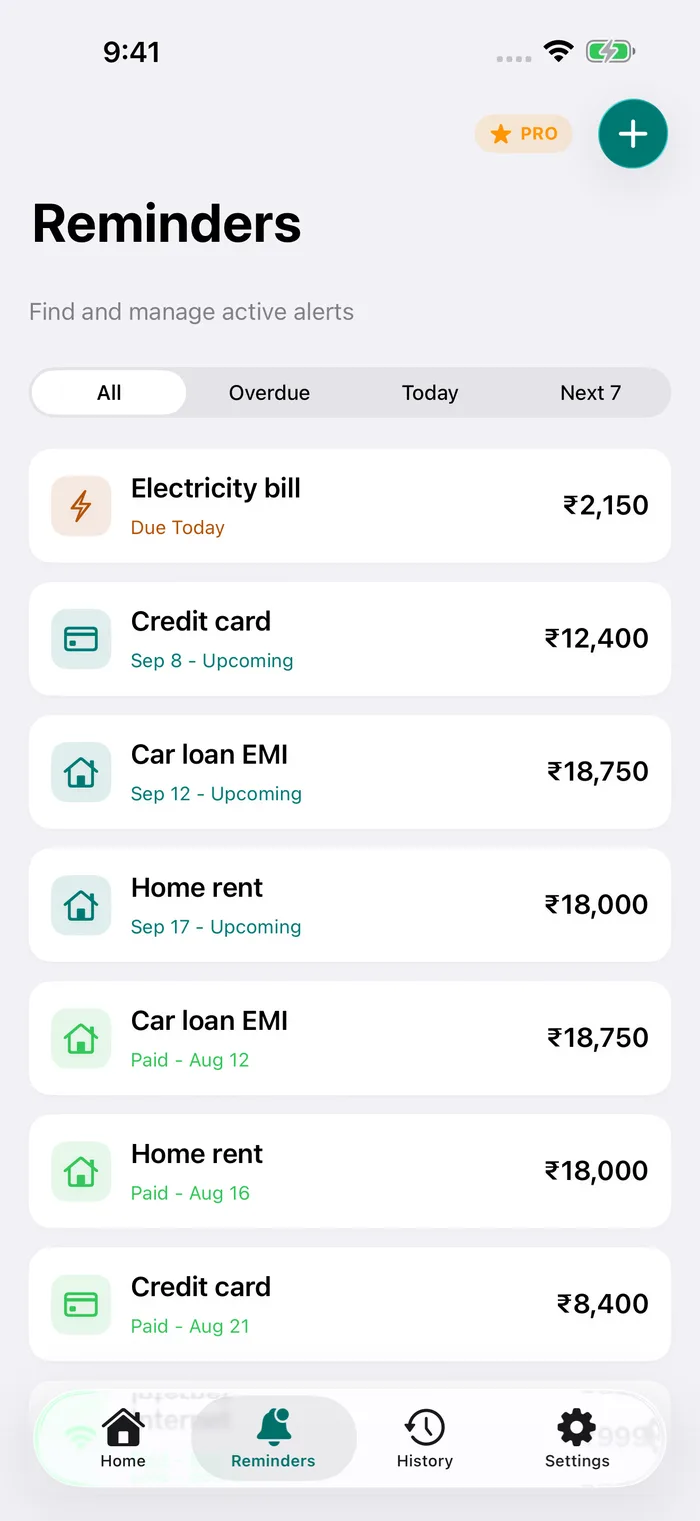 Pay Alert reminders list showing upcoming credit card and loan payments