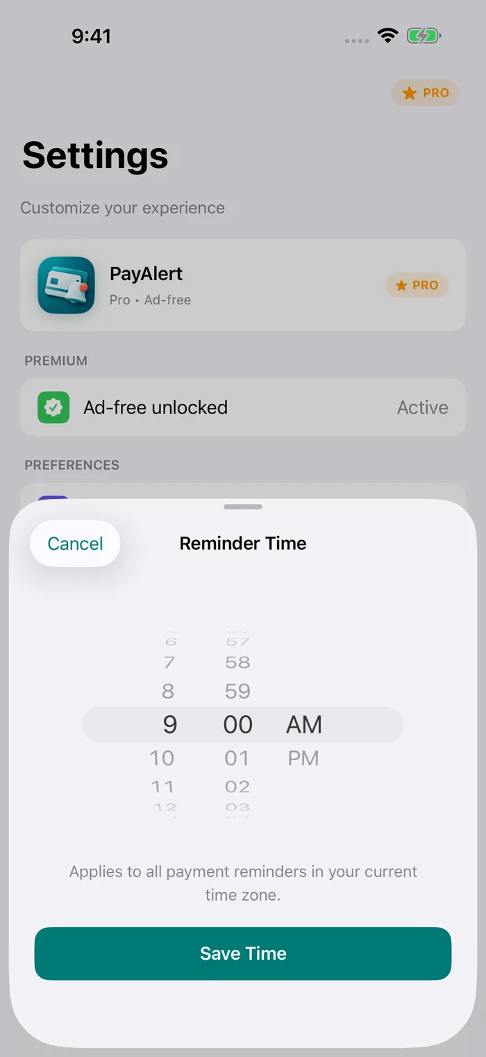 Choosing the time Pay Alert reminders arrive in Settings